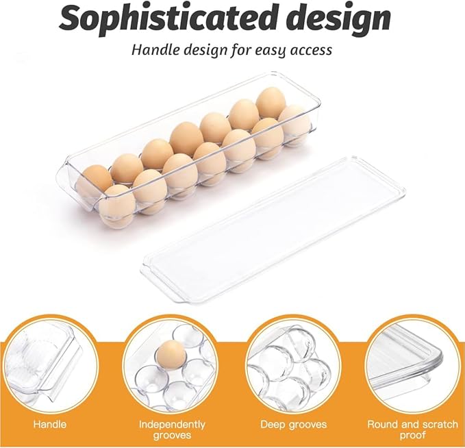 Egg Holder for Fridge with Lid, Egg Containerand for Refrigerator with Front Handle, BPA-Free Clear Plastic 14 Eggs Stackable Tray Storage for Refrigerator. (28 Eggs, Pack of 2)