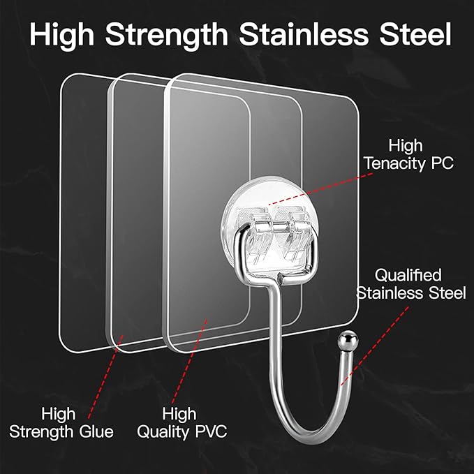 Strjobaili 20 Pack Large Adhesive Hooks for Hanging Heavy Duty 44 lb(Max), Self Adhesive Sticky Hooks Waterproof Stainless Steel Wall Hook for Home Bathroom Shower Kitchen Outdoor Utility Hooks