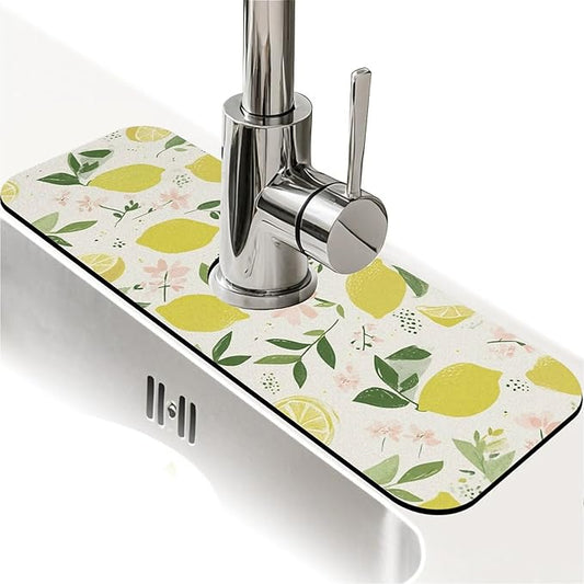 Kitchen Sink Splash Guard，Cartoon Lemon Faucet Mat Sink Gadgets-Super Absorbent Fast Drying Mat Drip Catcher for Kitchen, Bathroom,Sink Mat, Dish Drying Mat, Bathroom(15" X 5.5" )
