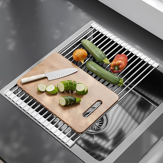 Roll Up Dish Drying Rack Over Sink Drying Rack Sink Cover Kitchen Sink Accessories Multipurpose Organizer Foldable Stainless Steel Drainer (18 Rods)