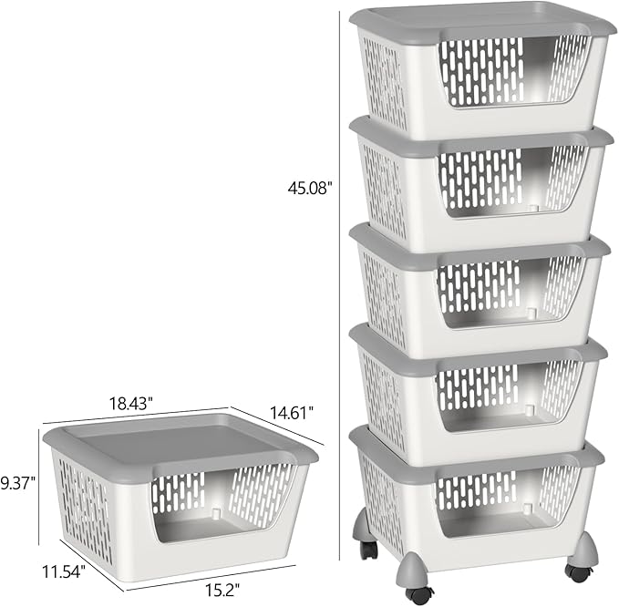 5 Pack Plastic Stacking Baskets with Wheels, Large Open Front Storage Basket, Grey