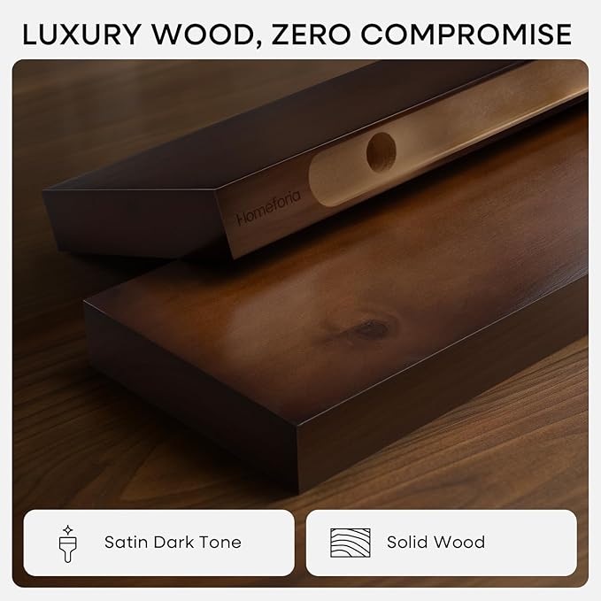 Homeforia Walnut 18 inch Floating Shelf, High End Solid Real Wood 18inch Floating Shelves for Wall Mounted, Dark Brown 18 inches Long Floating Shelves, Heavy Duty Bracket, 18 X 6.5 X 1.75 in, Set of 2