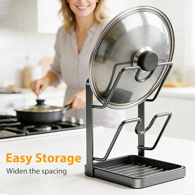 Kitchen Pot Lid Storage Rack, Multifunctional Utensils Pan Pot Cover Lid Rack Shelf for Pots Lids, Spatulas Multifunctional Kitchen Pot Lid Organizer for Countertop (Cream White Double Layer)