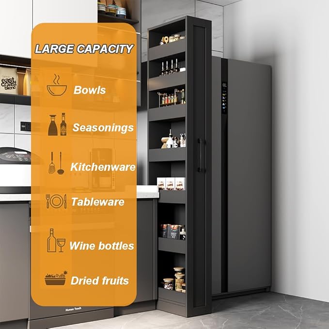 7 Tier Slim Storage Cart, Rolling Spice Rack Next to Fridge Slim, Narrow Storage Cabinet, Wood Storage Organizer with Handle Wheels for Kitchen, Dining Room (7 Tier-Black)
