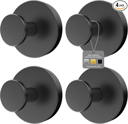 Shower Suction Cup Hooks, Heavy Duty Bathroom Wall Hooks for Towels, Robes, Loofahs, Removable Metal Hook for Tile Glass Mirror, No Drill(4 Pack, Black)