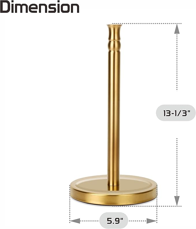 Gold Paper Towel Holder Stand, One-Handed Ripping Paper Towel Roll Holder Countertop, Stainless Steel Base Rust-Proof, NOT Tip Over