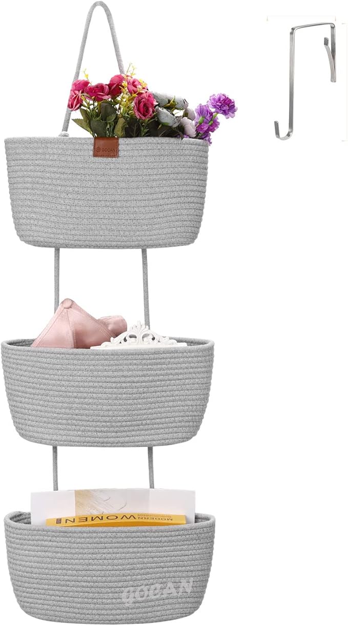 Hanging Storage Baskets Over the Door Hanging Basket, 3-Tier Cotton Rope Woven Hanging Organizer, Detachable Decorative Hanging Baskets for Wall Living Room, Bathroom and Bedroom(grey)