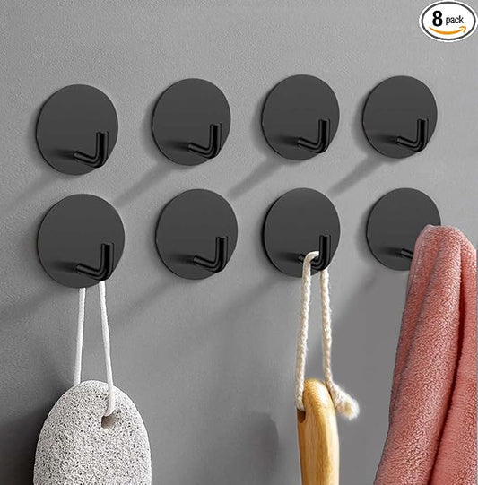 EDMILE 8 Pack Adhesive Towel Hooks for Bathroom, Stick on Hooks Bathroom Kitchen for Walls No Damage, Sticky Hook for Hanging Coat Robe, Black