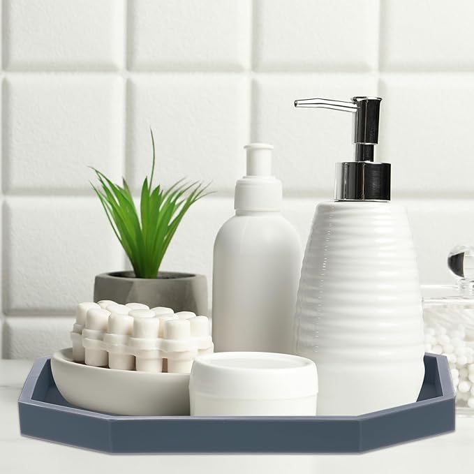 uxcell Bathroom Vanity Tray, 7.9" x 6" Octagon Silicone Soap Dispenser Trays, Shatterproof Kitchen Sink Organizer for Soaps Keys Candle Trinket, Black