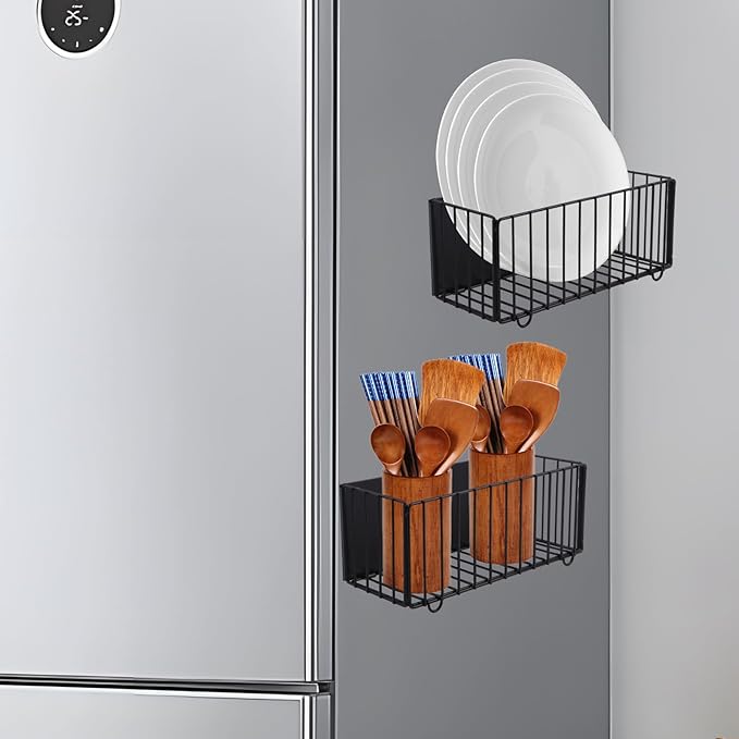 Folding Magnetic Basket, 2 Pack Magnetic Fridge Basket with Strong Magnet for Kitchen Office School Organization and Home Storage, 11.02"x4.33"x4.33"
