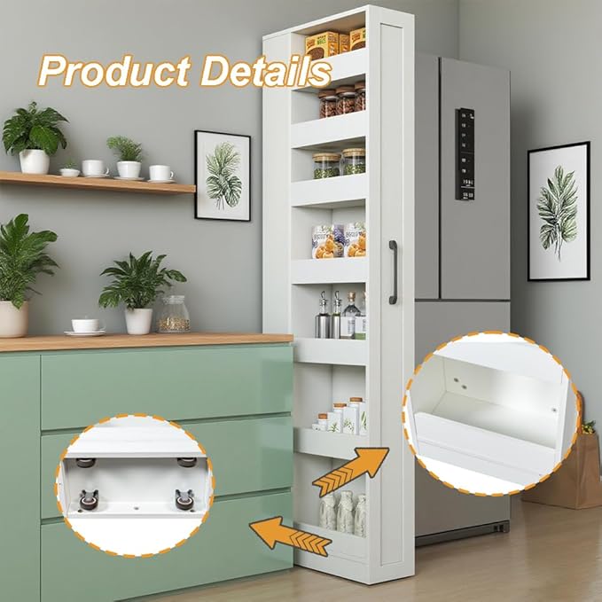 7 Tier Slim Storage Cart, Rolling Spice Rack Next to Fridge Slim, Narrow Storage Cabinet, Wood Storage Organizer with Handle Wheels for Kitchen, Dining Room (7 Tier)