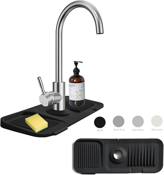 MOODKEY Silicone Sink Protector - Splash Guard, Drip Catcher Tray, Sponge Holder, Fits Faucet Tube within 2.5" (Black, 14.6'')