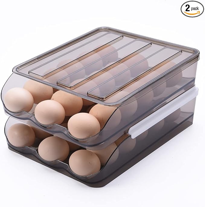 OnDisplay Stackable Acrylic Gravity Egg Tray Holder for Fridge - Food-Safe PET Refrigerator Storage Bin for Eggs (Brown, Set of 2 Trays)