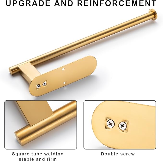Paper Towel Holder, Upgrade SUS304 Stainless Steel Paper Towel Holder Under Cabinet, Bend-Resistant, Self-Adhesive or Drill mounting (Gold)
