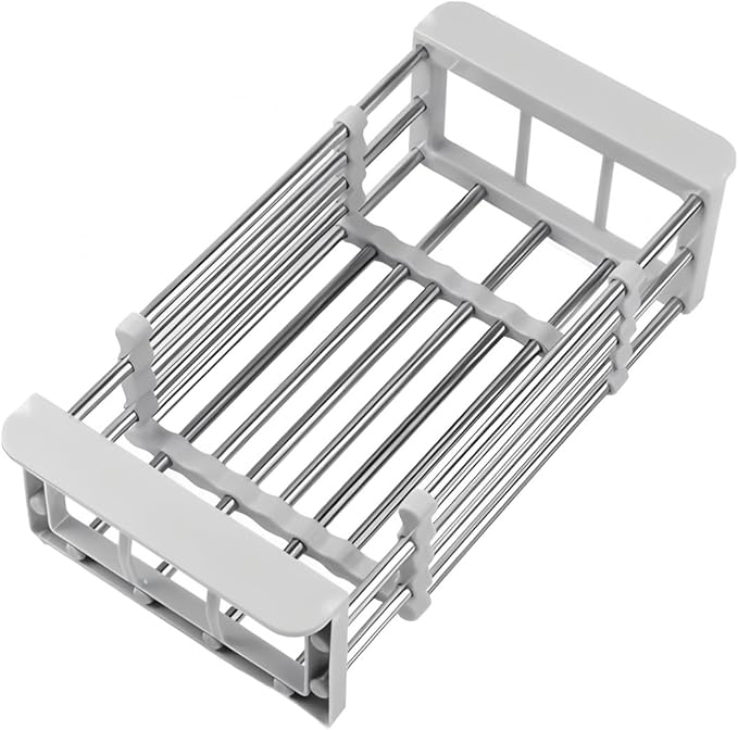 Expandable Over Sink Dish Drying Rack, Stainless Steel Kitchen Organizer, Adjustable Countertop Drainer for Plates, Bowls, Utensils (Gray, Small)