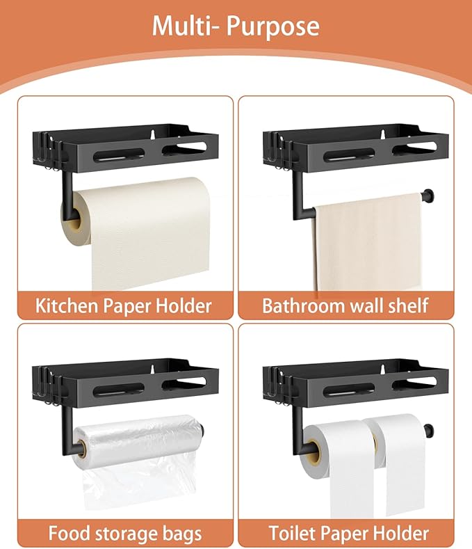 Paper Towel Holder Wall Mount for Kitchen, One-Handed Tear, Bathroom Paper Towel Holder with Shelf, RV Paper Towel Rack Wall Mount Paper Roll Holder with 4 Hooks, Drill Mount/Matte Black
