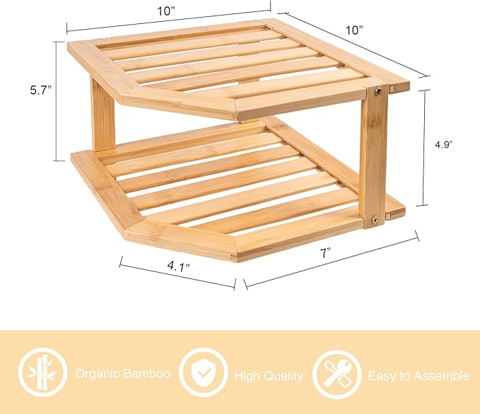 Bamboo Corner Shelf(2 Pack),2 Tier Plate Organizer for Cabinet and Countertop,Pantry Dish and Spice Rack for Kitchen