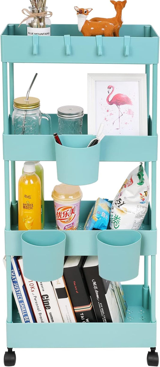 4 Tier Slim Rolling Utility Kitchen Cart Bathroom Organizer for Narrow Places Multipurpose Storage Shelve Mobile Trolley for Bedroom Laundry Office Restaurant Garage Pantry (Teal)