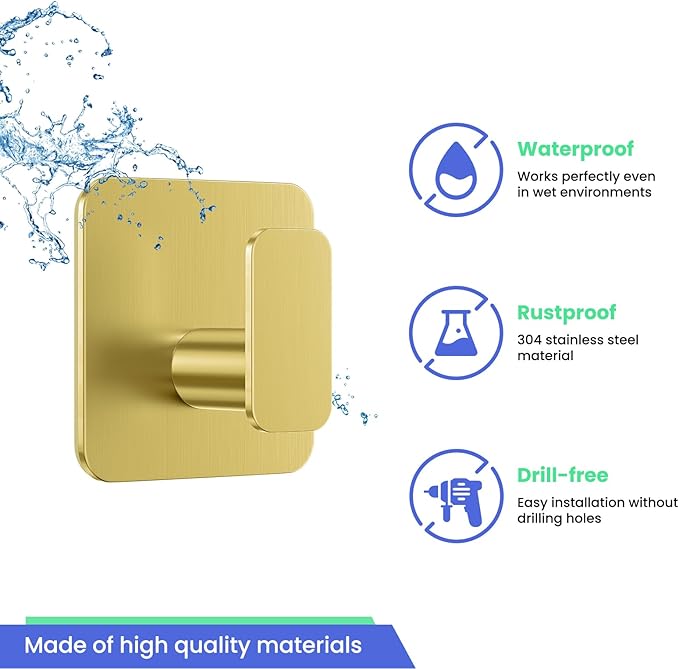 Aikzik Gold Hooks for Hanging Heavy Duty, Adhesive Hooks for Shower, Bathroom, Kitchen, Robe, Towel, Coat, Waterproof & Rustproof Hook for Walls No Damage, Stainless Steel Sticky Hook - 4 Pack
