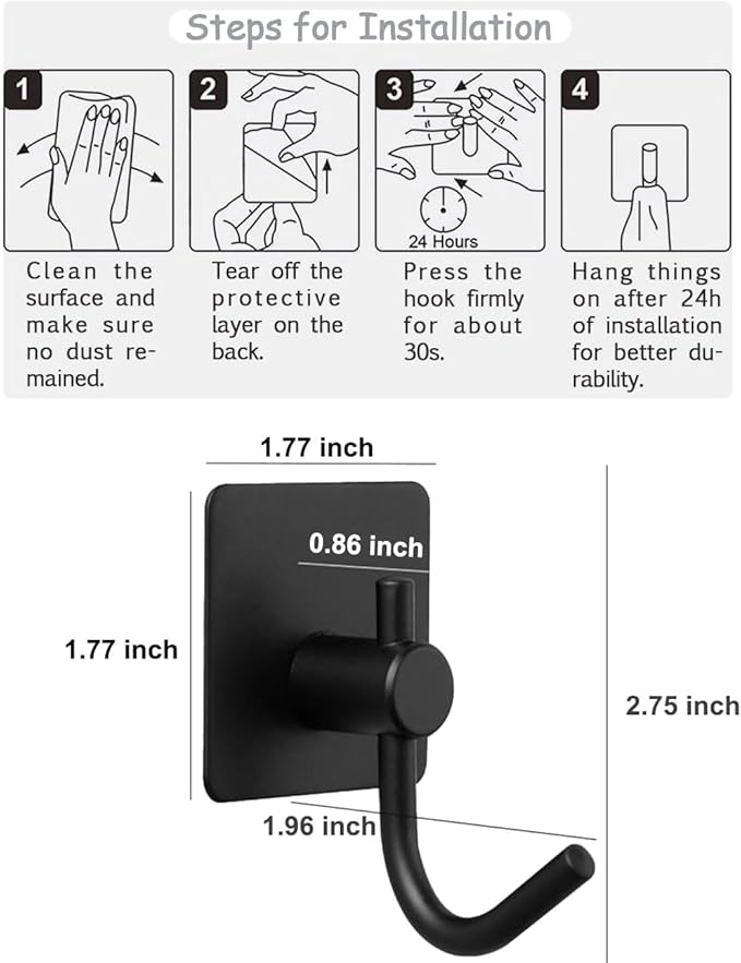 EDMILE Sticky Hooks for Hanging, 6-Pack Adhesive Wall Hooks No Drilling Stainless Steel Towel Hook for Walls No Damage, Self Adhesive Hook for Bathroom Kitchen Office, Black
