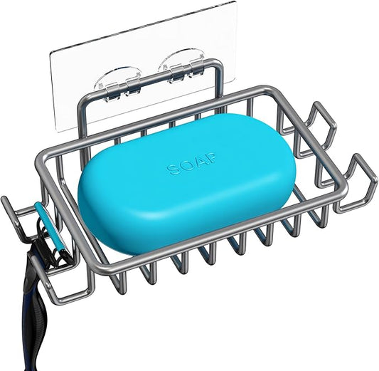 Nieifi Bar Soap Holder for Shower Wall with 4 Hooks, Stainless Steel Adhesive Soap Dish for Bathroom, Gray