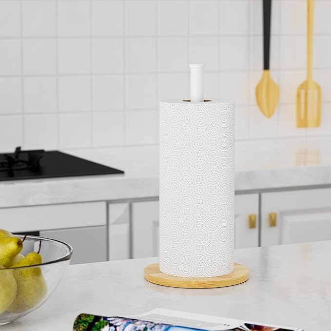 Paper Towel Holder Countertop, Weighted Wooden Base, Stainless Steel, FreeStanding, Easy Install, Durable, Ideal for Home,RV,Bathroom,Farmhouse Essentials Decor Accessories (White)