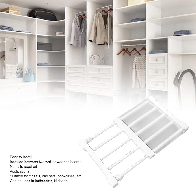Closet Tension Shelf, Rod Expandable Storage Rack Adjustable Organizer Divider Separator Wardrobe Cupboard Hanging Shelves Pack No Slip Grip Cabinets Inside Capacity (30‑40cm /