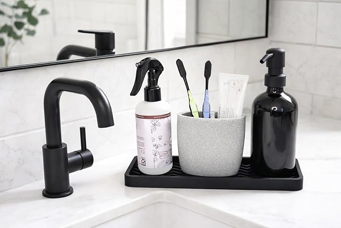 Happitasa Silicone Kitchen Sink Organizer Tray, Sponge Holder and Countertop Protector | Bathroom and Kitchen Soap Dish and Dispenser Tray (Dark Chocolate, 12"x4", 9.2 Ounces)