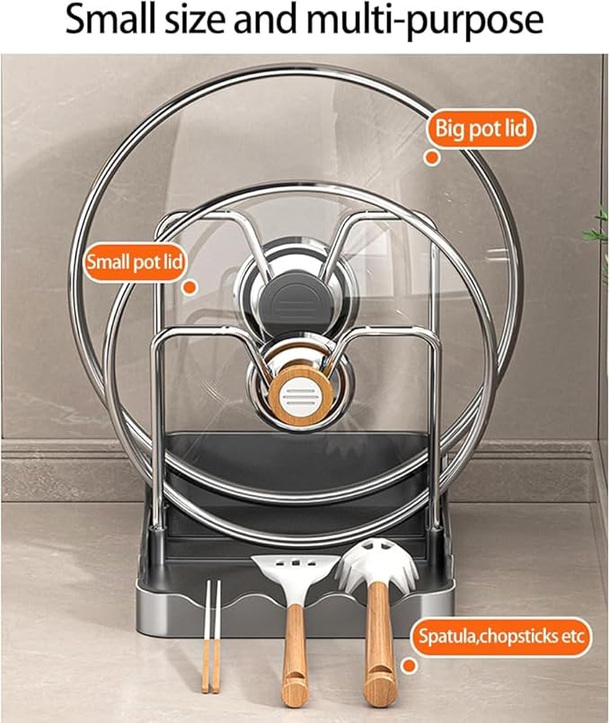 Kitchen Pot Lid Storage Rack, Pot Lid Holder With Tray, Lid Holder While Cooking, Lid And Spoon Rest, Multifunctional Kitchen Organizer Stand for Stove Top (Gray)