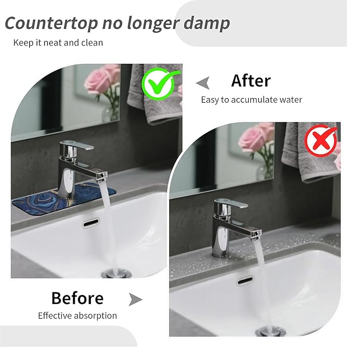 Kitchen Sink Splash Guard，Dark blue gold marble Faucet Mat Sink Gadgets-Super Absorbent Fast Drying Mat Drip Catcher for Kitchen, Bathroom,Sink Mat, Dish Drying Mat, Bathroom(15" X 5.5" )