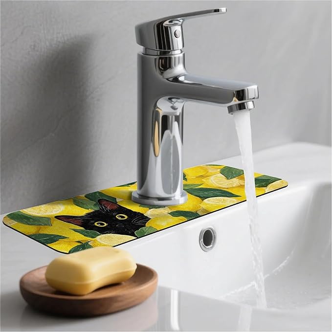 Kitchen Sink Splash Guard，Lemons and Cat Faucet Mat Sink Gadgets-Super Absorbent Fast Drying Mat Drip Catcher for Kitchen, Bathroom,Sink Mat, Dish Drying Mat, Bathroom(15" X 5.5" )