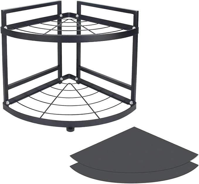 HUIJIN RA01 90° Corner Shelf for Kitchen - Space-Saving Spice Rack, Pot & Pan Organizer, Under Sink Storage - Sturdy Iron Tiered Shelves-2 Tier
