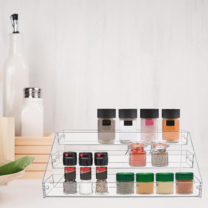 DECHOUS 3-Tier Acrylic Spice Rack Organizer Clear Tiered Spice Rack Seasoning Organizer for Countertop, Cabinet, Pantry, Kitchen Storage, 12x6.3x5.2 Inch