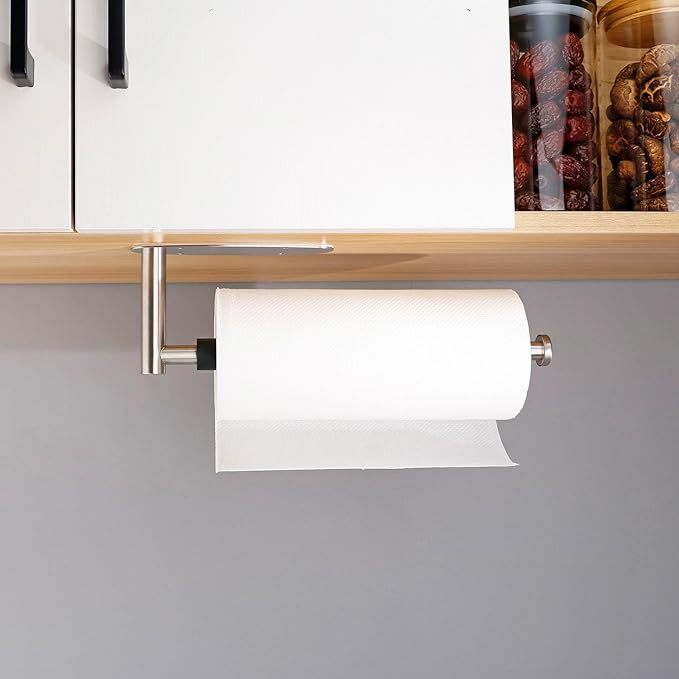 Single Hand Operable Paper Towel Holder Under Cabinet with Damping Effect, Self Adhesive Paper Towel Roll Holder Wall Mounted for Kitchen Bathroom, SUS304 Stainless Steel Brushed Nickel