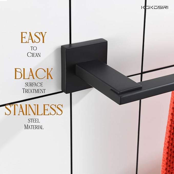 KOKOSIRI 16 Inch Bath Towel Bars Bathroom Towel Holder Towel Rail Kitchen Towel Hanger Necklace Holder Bathroom Accessories Stainless Steel Wall Mounted Matte Black B4006BK-L16