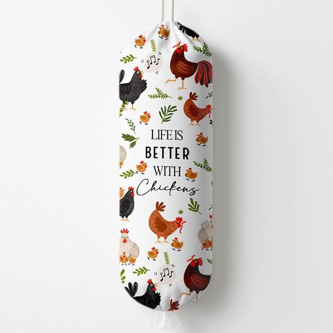 Farmhouse Plastic Bag Holder for Kitchen Essentials, Life Is Better with Chickens Plastic Bags Holder, Reusable Hanging Trash Sack Dispenser, Wall Mount Plastics Sack Storage Container Dispenser