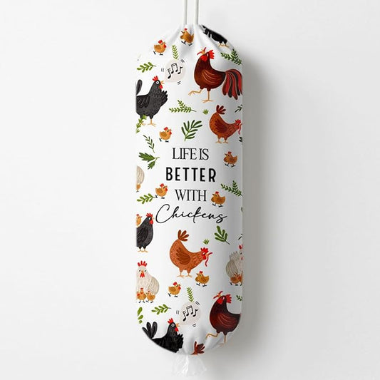 Farmhouse Plastic Bag Holder for Kitchen Essentials, Life Is Better with Chickens Plastic Bags Holder, Reusable Hanging Trash Sack Dispenser, Wall Mount Plastics Sack Storage Container Dispenser