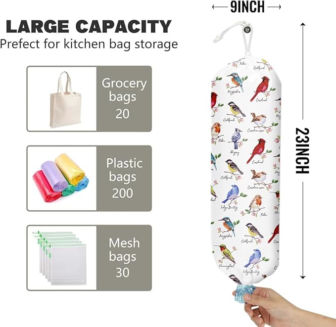 Birds Grocery Bag Holder and Dispenser Birds On Branch Plastic Bags Organizer Garbage Shopping Trash Bags Storage for Home Cardinal Hummingbird Bluejay Gifts for Women Bird Lovers