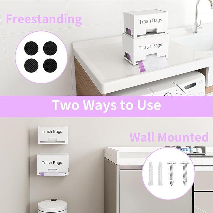 2-Pack Trash Bag Holder Dispenser, Stackable Garbage Bag Dispenser, Extra Large Trash Storage Organizer for Kitchen Laundry Under Sink, Wall Mounted or Freestanding, Metal White