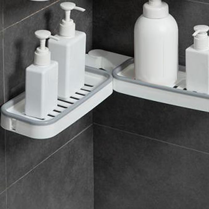 Tissting Bathroom Corner Shelf, Wall Mount Foldable Shower Caddy Organizer Basket Bathroom Sink Shelf Over Faucet Adhesive Storage Rack for Bathroom Kitchen (White Gray)