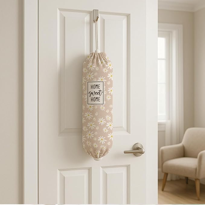 Plastic Bag Holder, Home Sweet Home Plastic Bag Holder for Kitchen Essentials, Daisy Bags Holders for Plastics Bags Groceries Store, Floral Reusable Plastics Sack Storage Dispenser forKitchen Decor