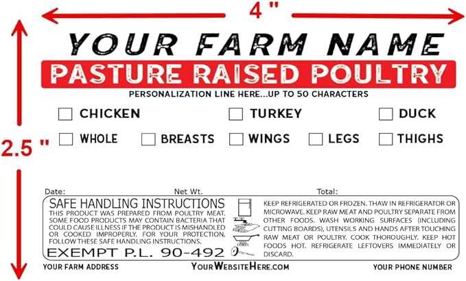 Custom Poultry Freezer Labels 4" x 2.5" with Safe Handling Instructions and Exemption – P.L. 90-492 (500)