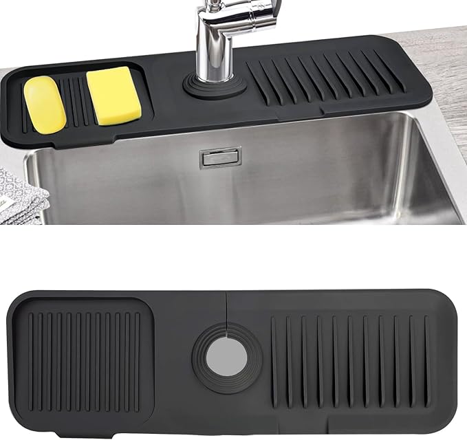 Sink Splash Guard, Silicone Sink Faucet Mat Sink Accessories Faucet Absorbent Mat for Kitchen, Bathroom, Sink Sponge Holder (Black)