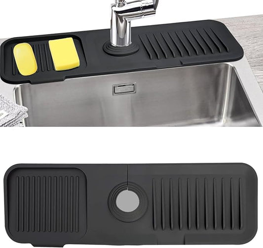 Sink Splash Guard, Silicone Sink Faucet Mat Sink Accessories Faucet Absorbent Mat for Kitchen, Bathroom, Sink Sponge Holder (Black)