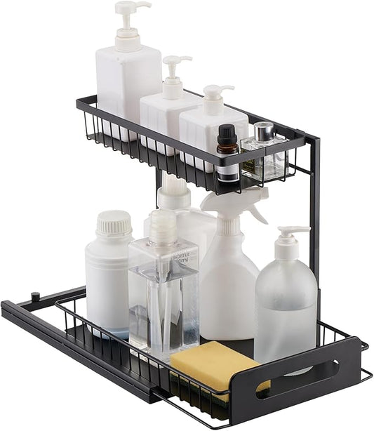 VEVOR 2 Tier Pull Out Cabinet Organizer(10.7"W x 14.2"D), Under Sink Organizer and Storage, Slide Out Drawer Cabinet Organizer, Wire Basket Sliding Storage, 12.5"Wx15.5"Dx13"H Install Size for Cabinet