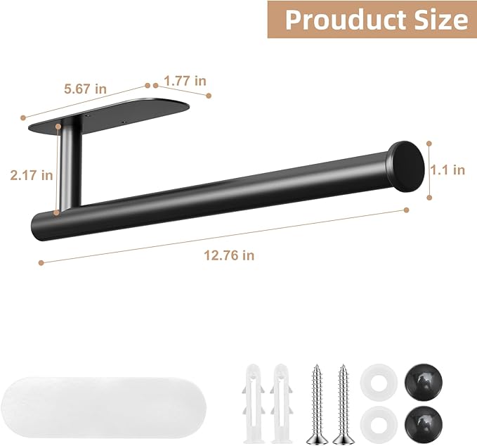 Paper Towel Holder, Improved Premium Paper Towel Holder Under Cabinet, Stainless Steel Paper Towel Holders Rack for Kitchen, Bathroom, Pantry, Fridge, Adhesive or Drilling, Black