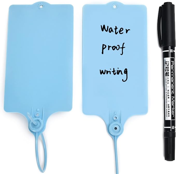 LeadSeals 100 Plastic Shipping Tags - Waterproof, Writable, Hanging Tags with One Blue Marker Pen