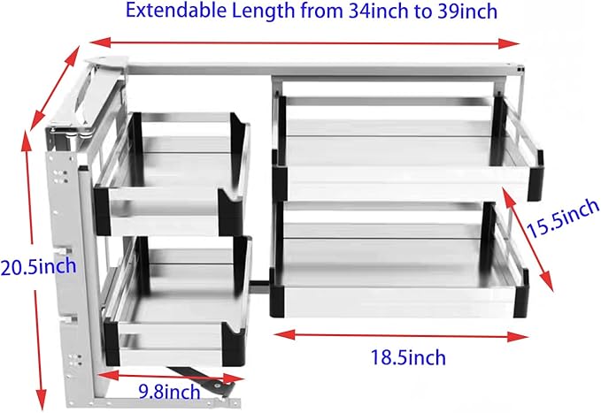 Gdrasuya10 2 Tier Corner Blind Cabinet Pull Out Organizer, 4 Shelves Corner Pull Out Cabinet Stainless Steel Slide Out Kitchen Cornér Cabinet Organizer Shelf for 15" Opening Door (Left)
