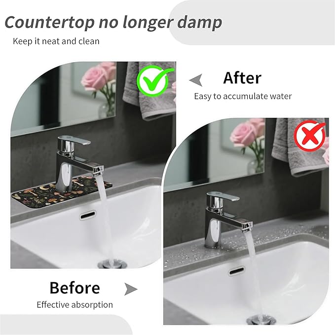 Kitchen Sink Splash Guard，Mushrooms, stars,moon Faucet Mat Sink Gadgets-Super Absorbent Fast Drying Mat Drip Catcher for Kitchen, Bathroom,Sink Mat, Dish Drying Mat, Bathroom(15" X 5.5" )