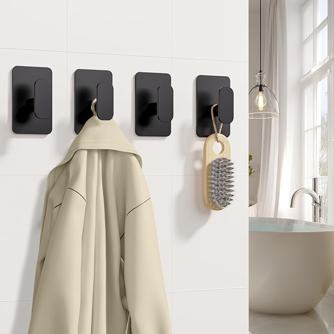 Eowihor Heavy Duty Self Adhesive Hooks - 26lb Max, Sticky Wall Hooks Stainless Steel for Hanging Towel, Coat, Robe, Waterproof & Rustproof Hooks Stick on Bathroom, Shower, Kitchen (Black, 4 Pack)